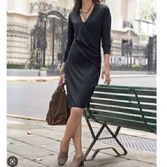 Sundance Black Knit Long Sleeve Faux Wrap Dress - Picture 1 of 6
